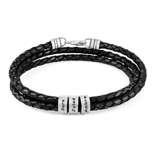 Men's Black Leather Bracelet – Customizable with Silver or Gold Finishes