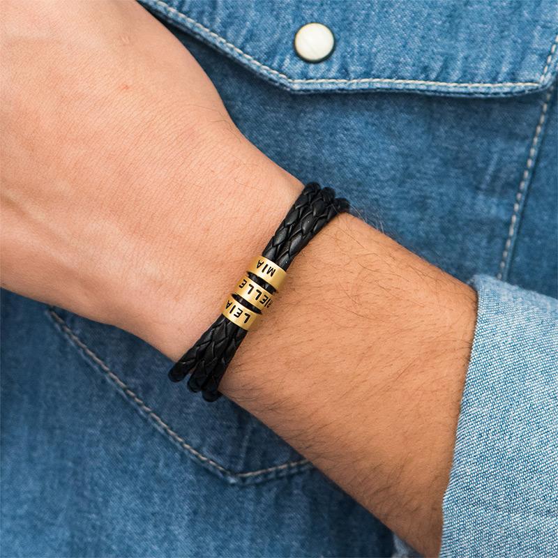 Pulsera de Hombre en Cuero Negro – Personalizable con Acabados en Plateado o Oro 